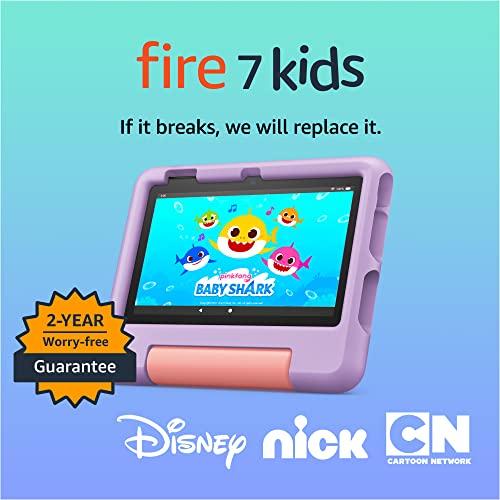 Amazon Fire 7 Kids tablet (newest model) ages 3-7. Top-selling 7" kids tablet on Amazon. Includes ad-free and exclusive content, easy parental controls, 10-hr battery, 16 GB, Purple